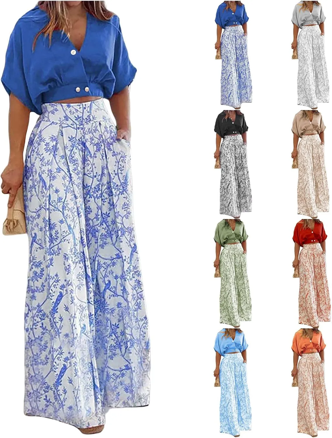 2 Piece Sets for Women Boho Lounge Set V Neck Short Sleeve Tank Crop Top Wide Leg Pants Sets Travel Vacation Outfits