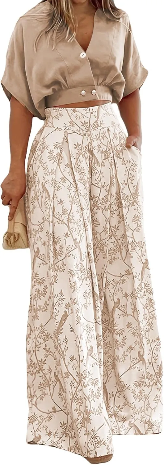 2 Piece Sets for Women Boho Lounge Set V Neck Short Sleeve Tank Crop Top Wide Leg Pants Sets Travel Vacation Outfits