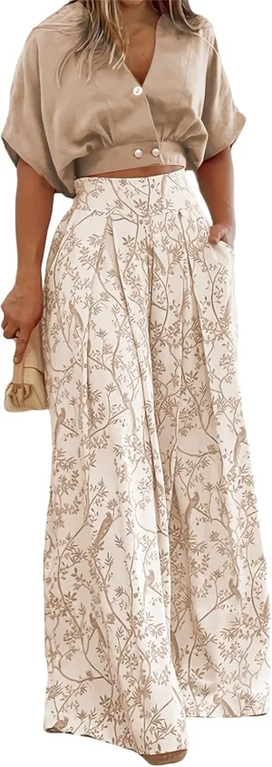 2 Piece Sets for Women Boho Lounge Set V Neck Short Sleeve Tank Crop Top Wide Leg Pants Sets Travel Vacation Outfits