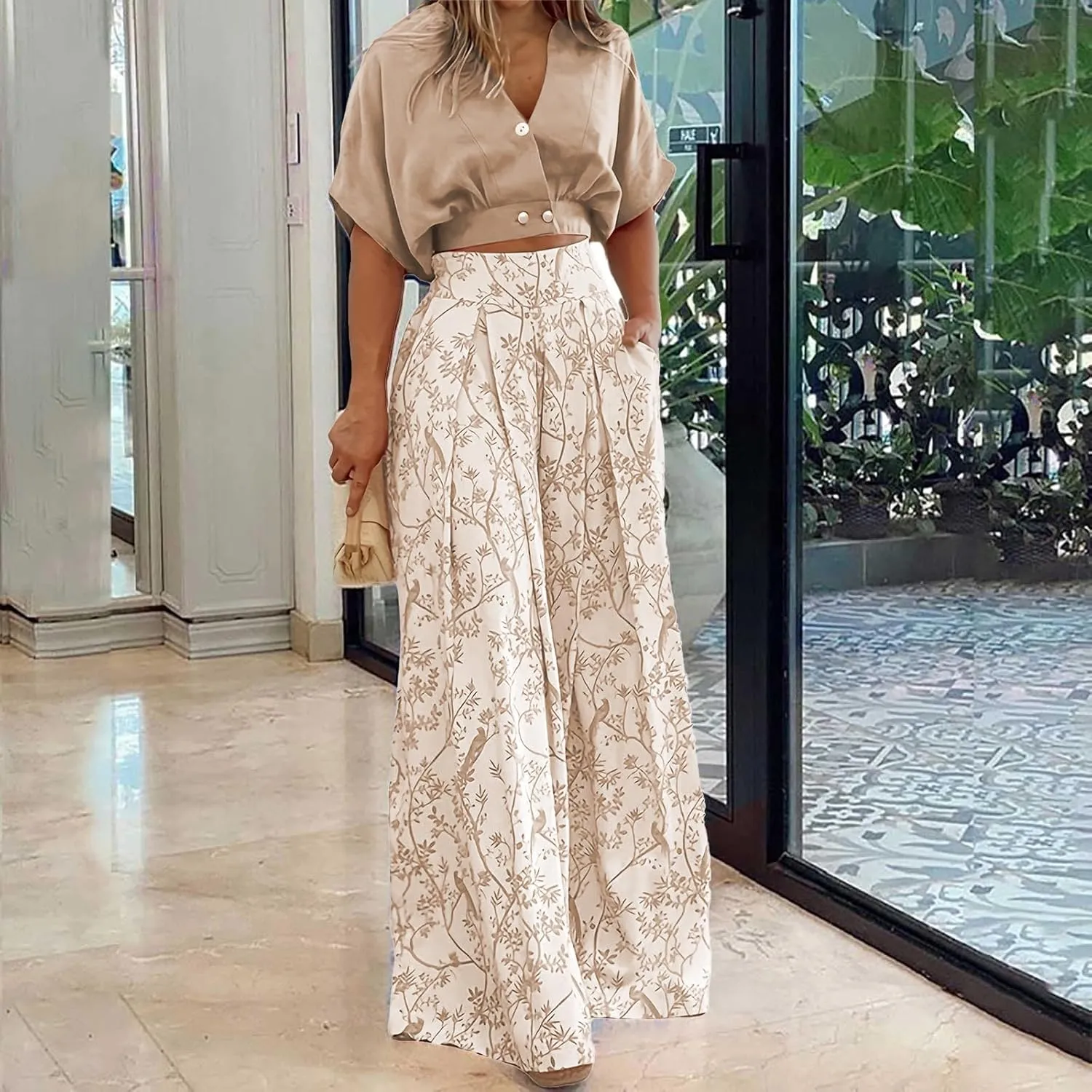 2 Piece Sets for Women Boho Lounge Set V Neck Short Sleeve Tank Crop Top Wide Leg Pants Sets Travel Vacation Outfits