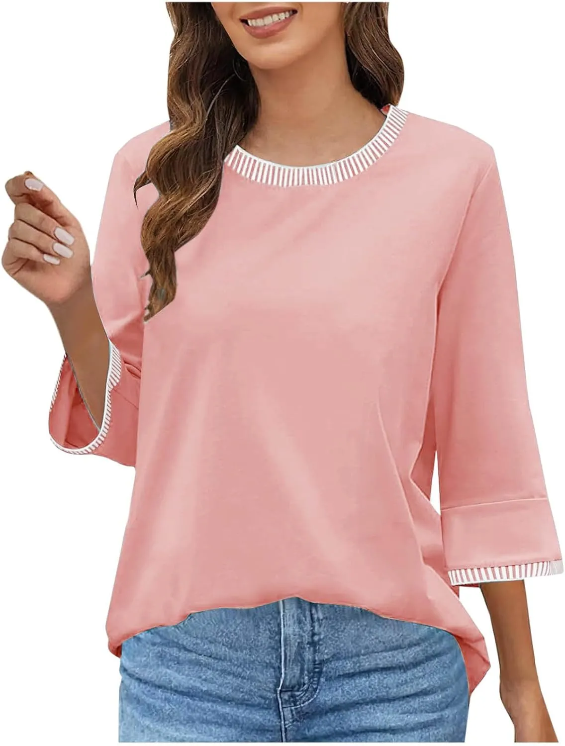 2025 Summer Women Color Block Tops 3/4 Sleeve Tees Shirts Trendy Dressy Casual Crew Neck Loose Blouses Tunics