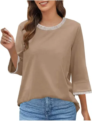 2025 Summer Women Color Block Tops 3/4 Sleeve Tees Shirts Trendy Dressy Casual Crew Neck Loose Blouses Tunics