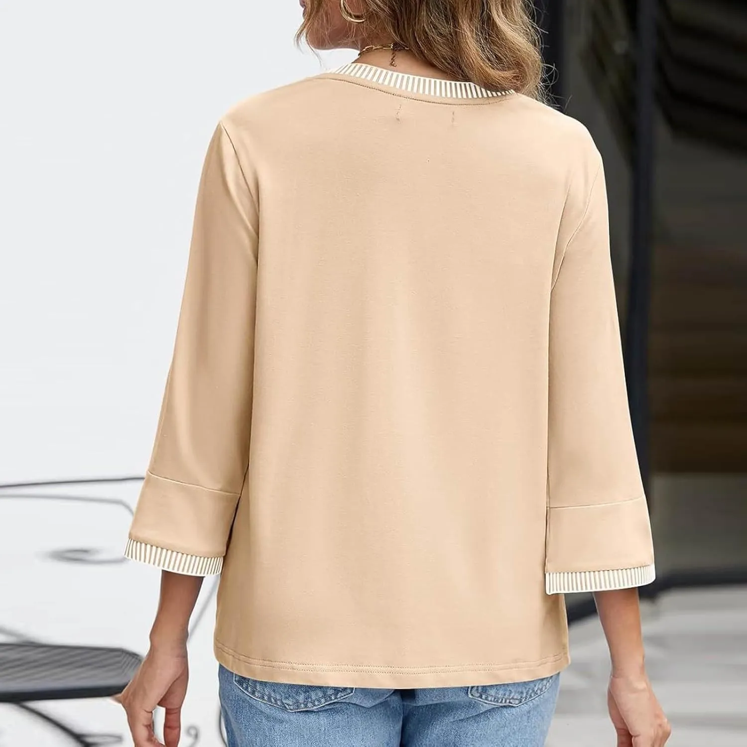 2025 Summer Women Color Block Tops 3/4 Sleeve Tees Shirts Trendy Dressy Casual Crew Neck Loose Blouses Tunics
