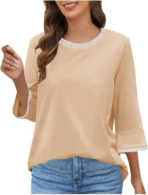 2025 Summer Women Color Block Tops 3/4 Sleeve Tees Shirts Trendy Dressy Casual Crew Neck Loose Blouses Tunics