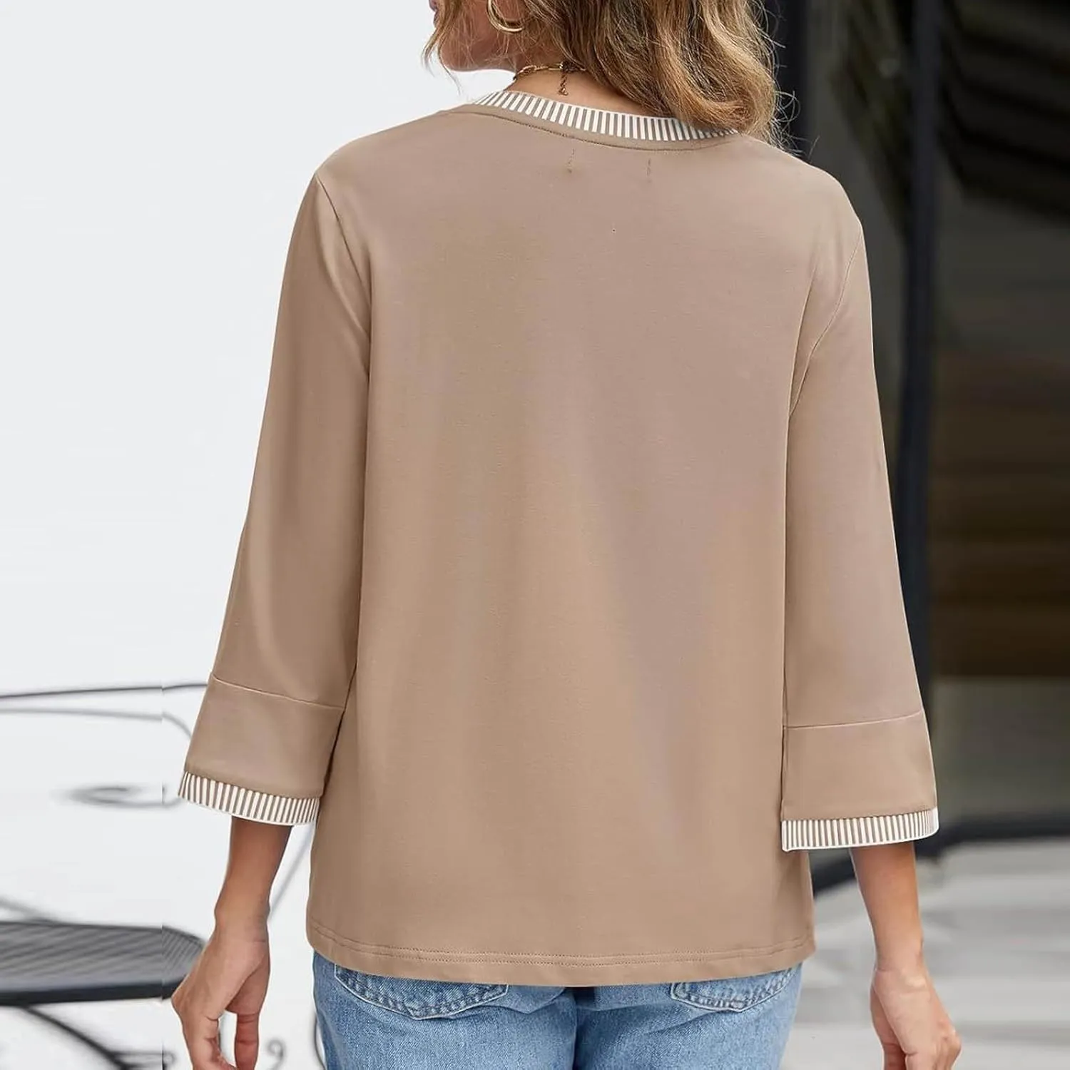 2025 Summer Women Color Block Tops 3/4 Sleeve Tees Shirts Trendy Dressy Casual Crew Neck Loose Blouses Tunics