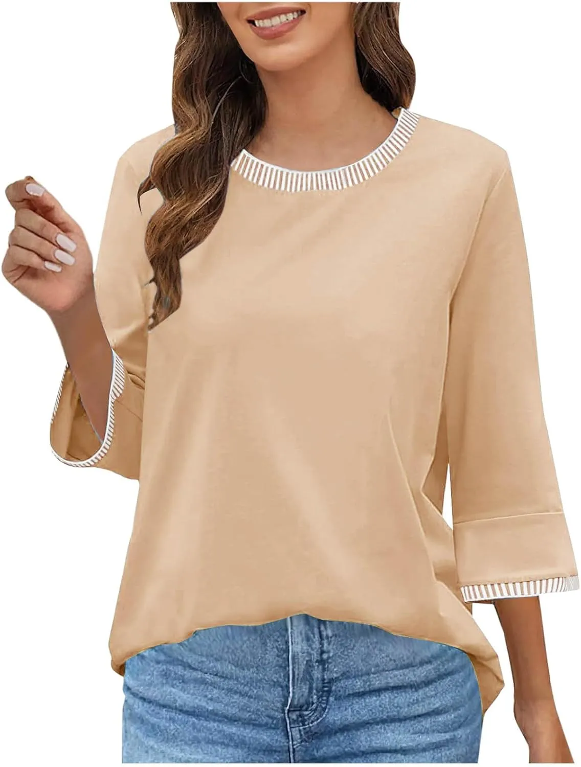 2025 Summer Women Color Block Tops 3/4 Sleeve Tees Shirts Trendy Dressy Casual Crew Neck Loose Blouses Tunics