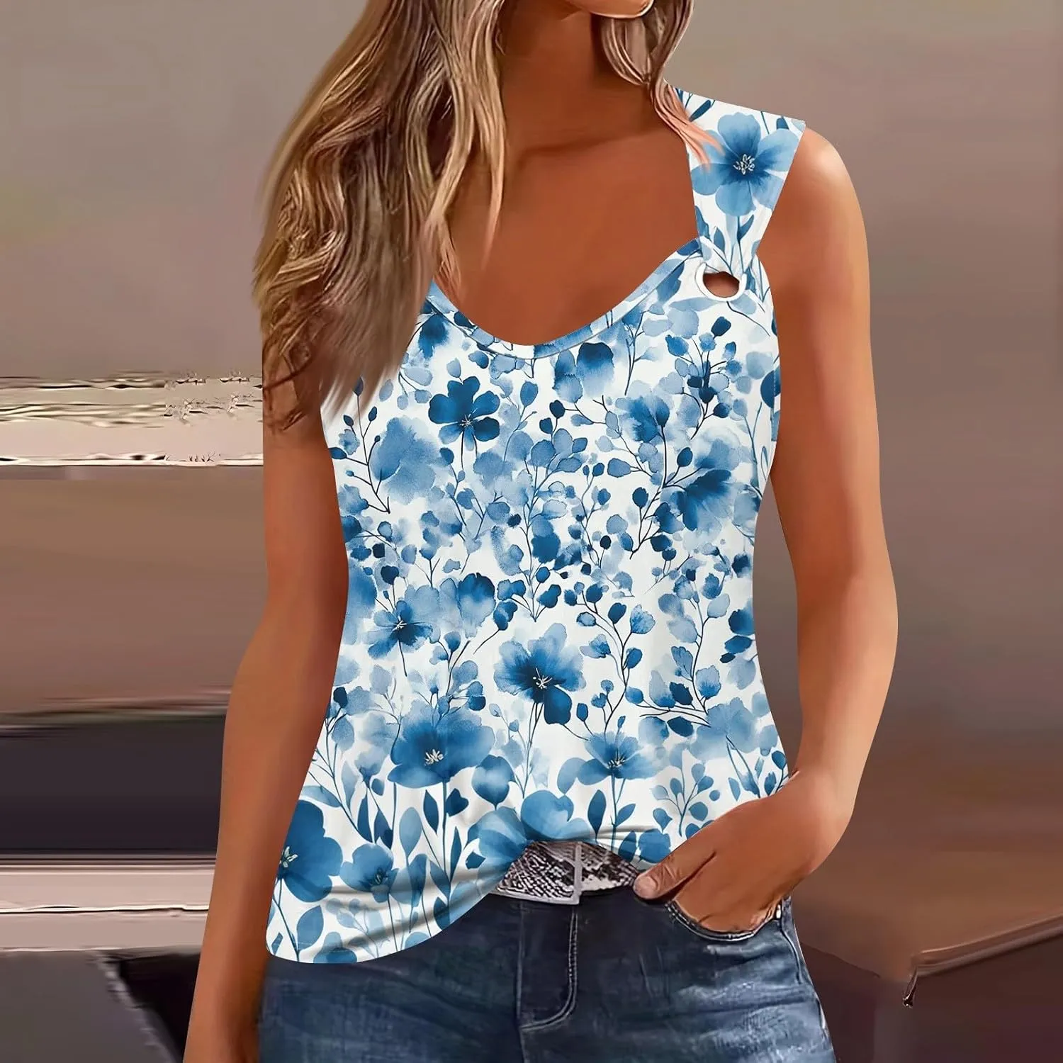 2025 Tank Top for Women Summer Outfits V Neck T Shirts Trendy Eyelet Sleeveless Basic Beach Vacation Clothes