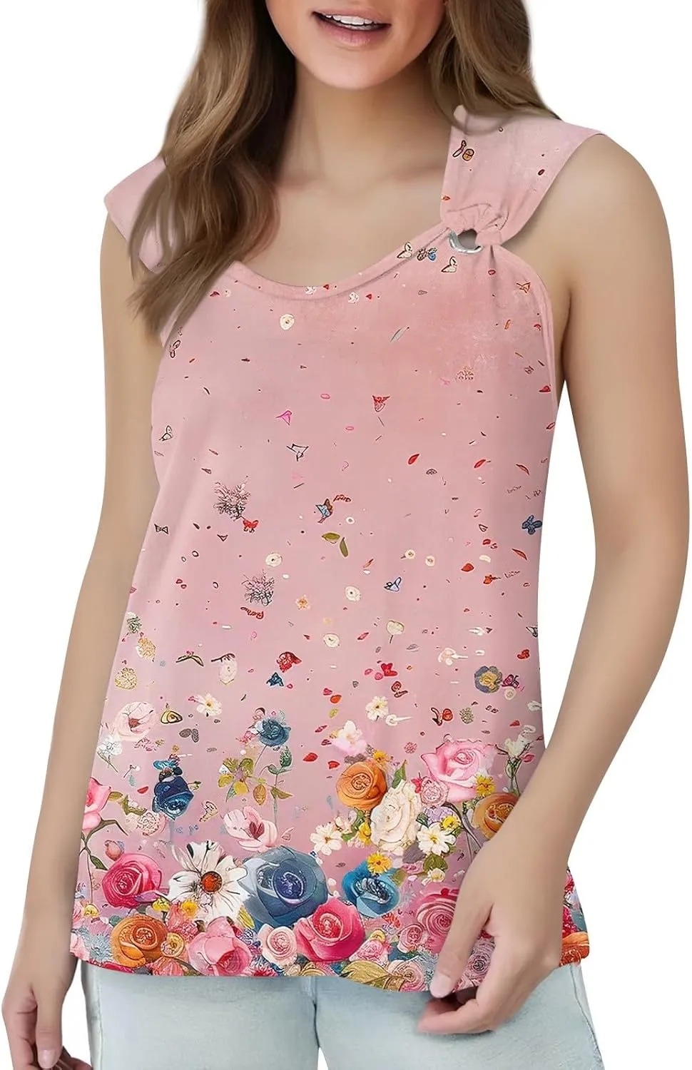 2025 Tank Top for Women Summer Outfits V Neck T Shirts Trendy Eyelet Sleeveless Basic Beach Vacation Clothes