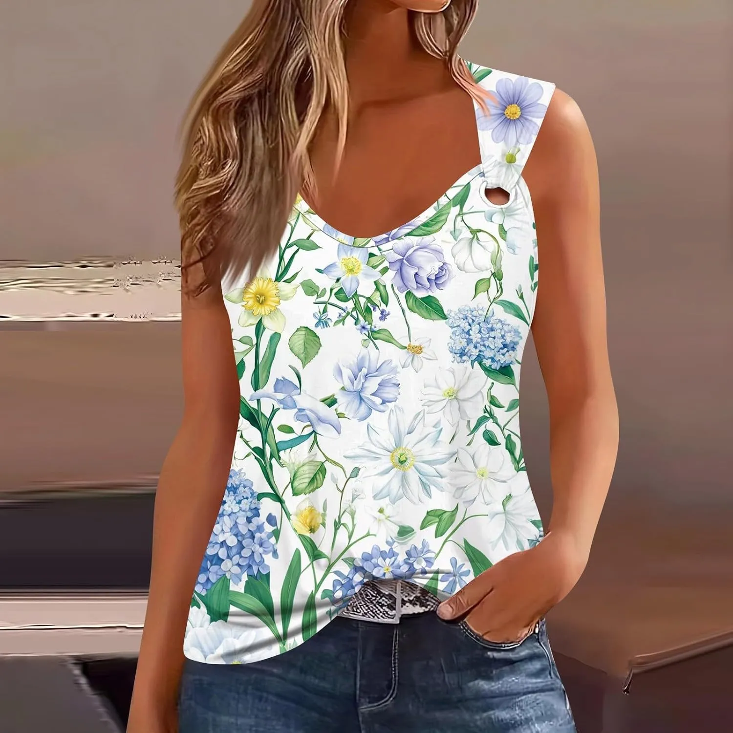 2025 Tank Top for Women Summer Outfits V Neck T Shirts Trendy Eyelet Sleeveless Basic Beach Vacation Clothes