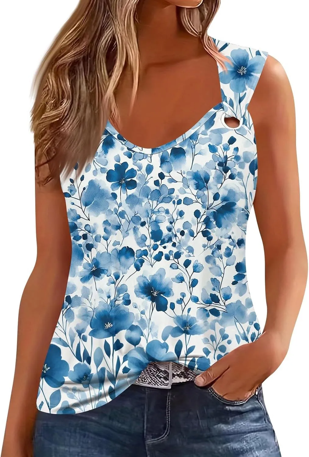 2025 Tank Top for Women Summer Outfits V Neck T Shirts Trendy Eyelet Sleeveless Basic Beach Vacation Clothes