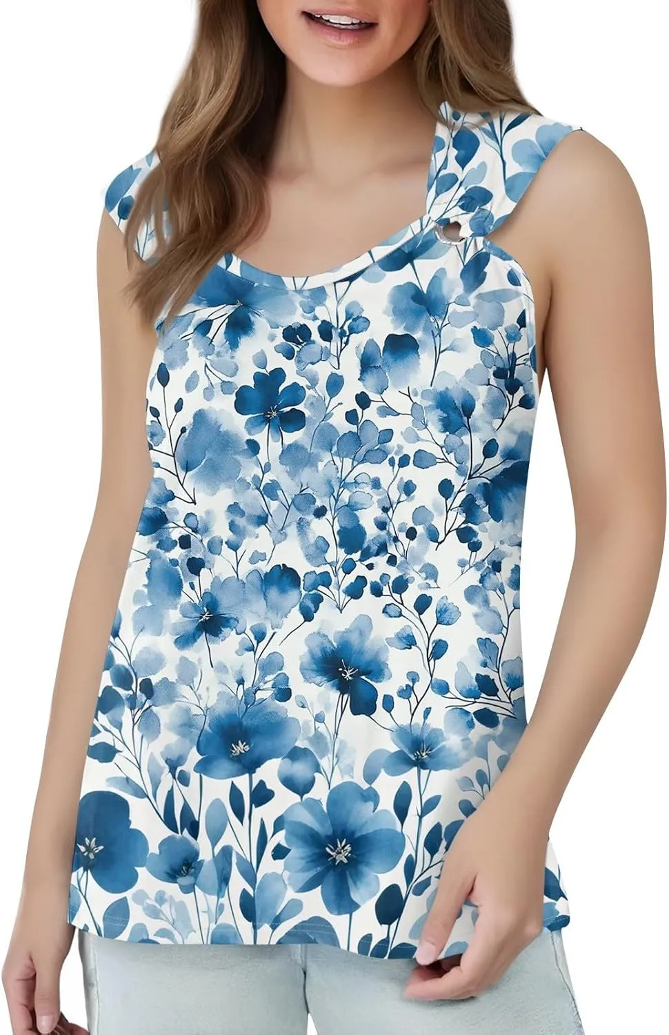 2025 Tank Top for Women Summer Outfits V Neck T Shirts Trendy Eyelet Sleeveless Basic Beach Vacation Clothes