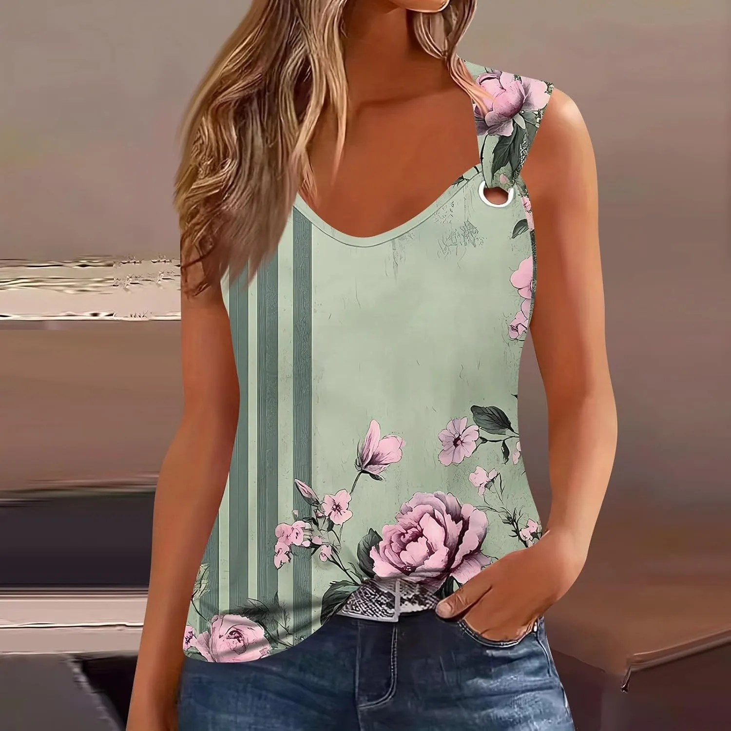 2025 Tank Top for Women Summer Outfits V Neck T Shirts Trendy Eyelet Sleeveless Basic Beach Vacation Clothes
