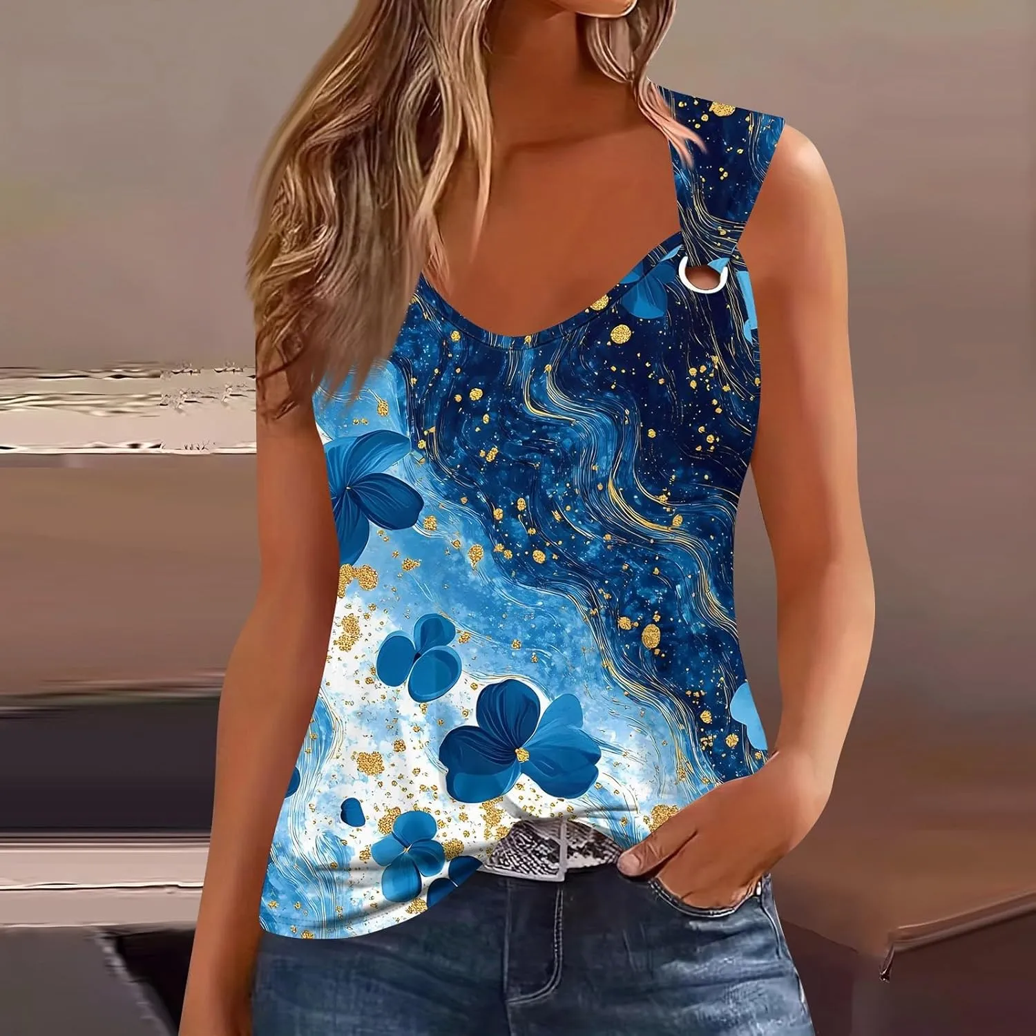 2025 Tank Top for Women Summer Outfits V Neck T Shirts Trendy Eyelet Sleeveless Basic Beach Vacation Clothes