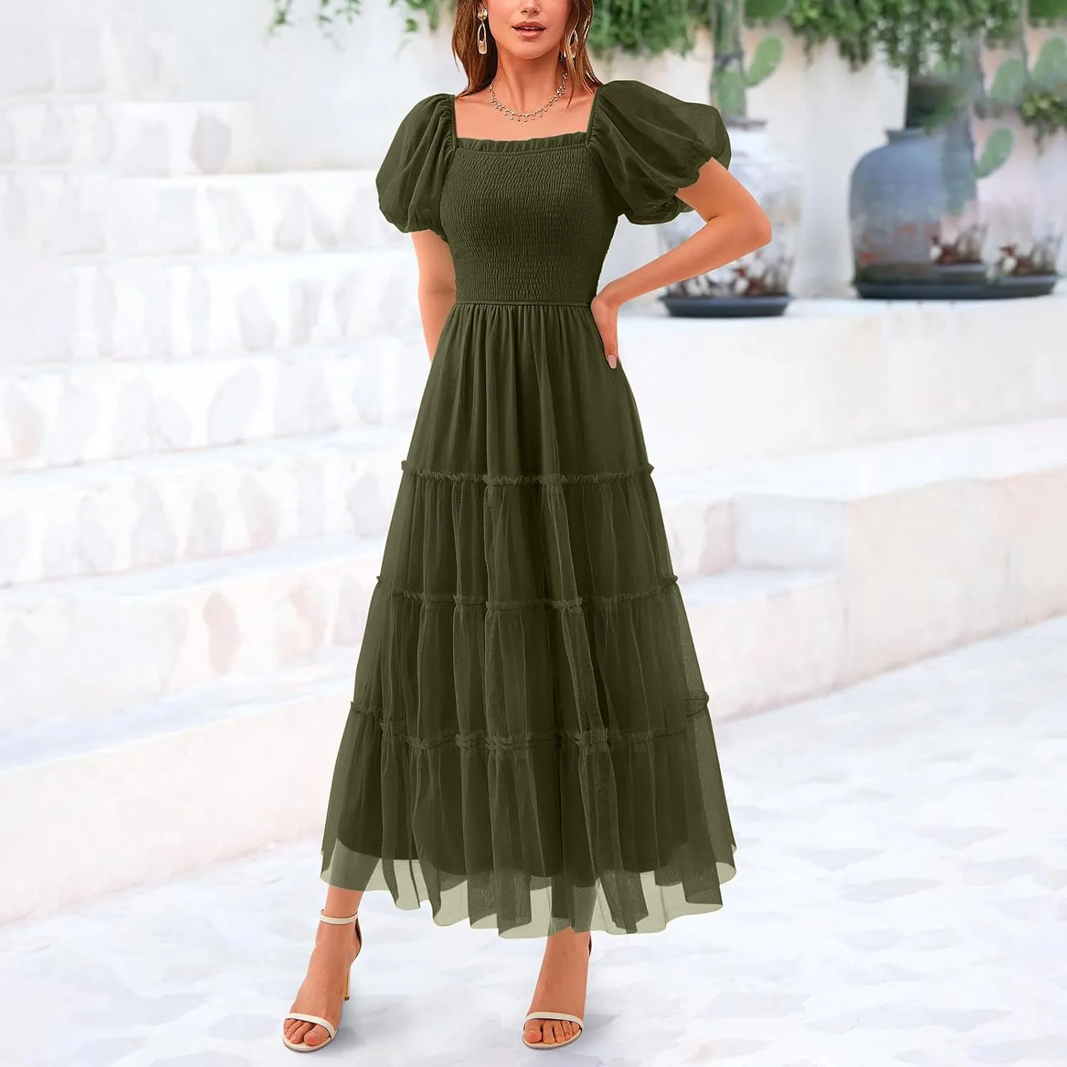 2025 Women's Smocked Midi Tulle Dress Summer Puffy Short Sleeve Square Neck Ruffle Dress Wedding Guest Party Dresses
