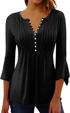 3/4 Sleeve Tops for Women V Neck Dressy Casual Ruffle Sleeve Henley Shirts Loose Fit Button Up Tunic Tops Blouses