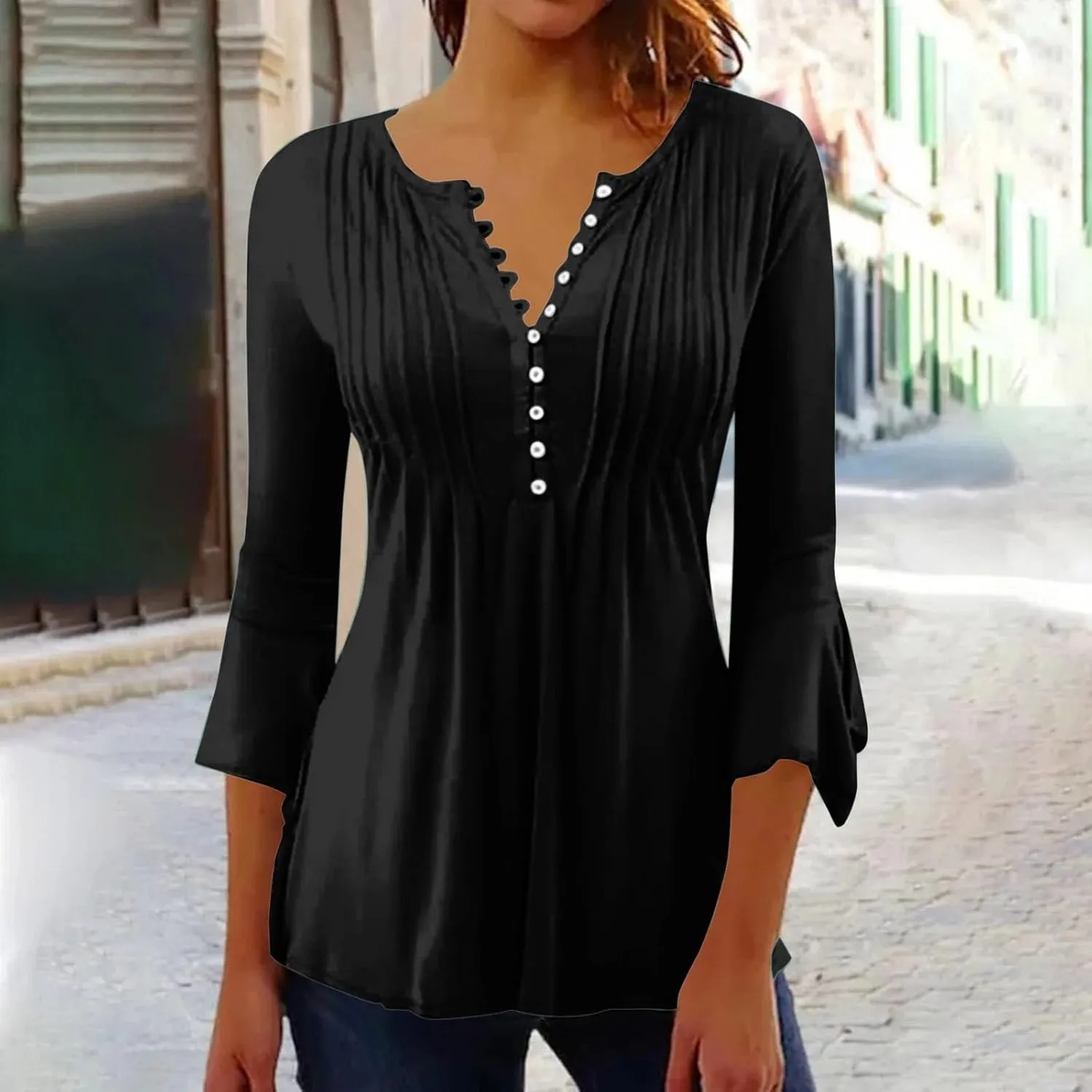 3/4 Sleeve Tops for Women V Neck Dressy Casual Ruffle Sleeve Henley Shirts Loose Fit Button Up Tunic Tops Blouses