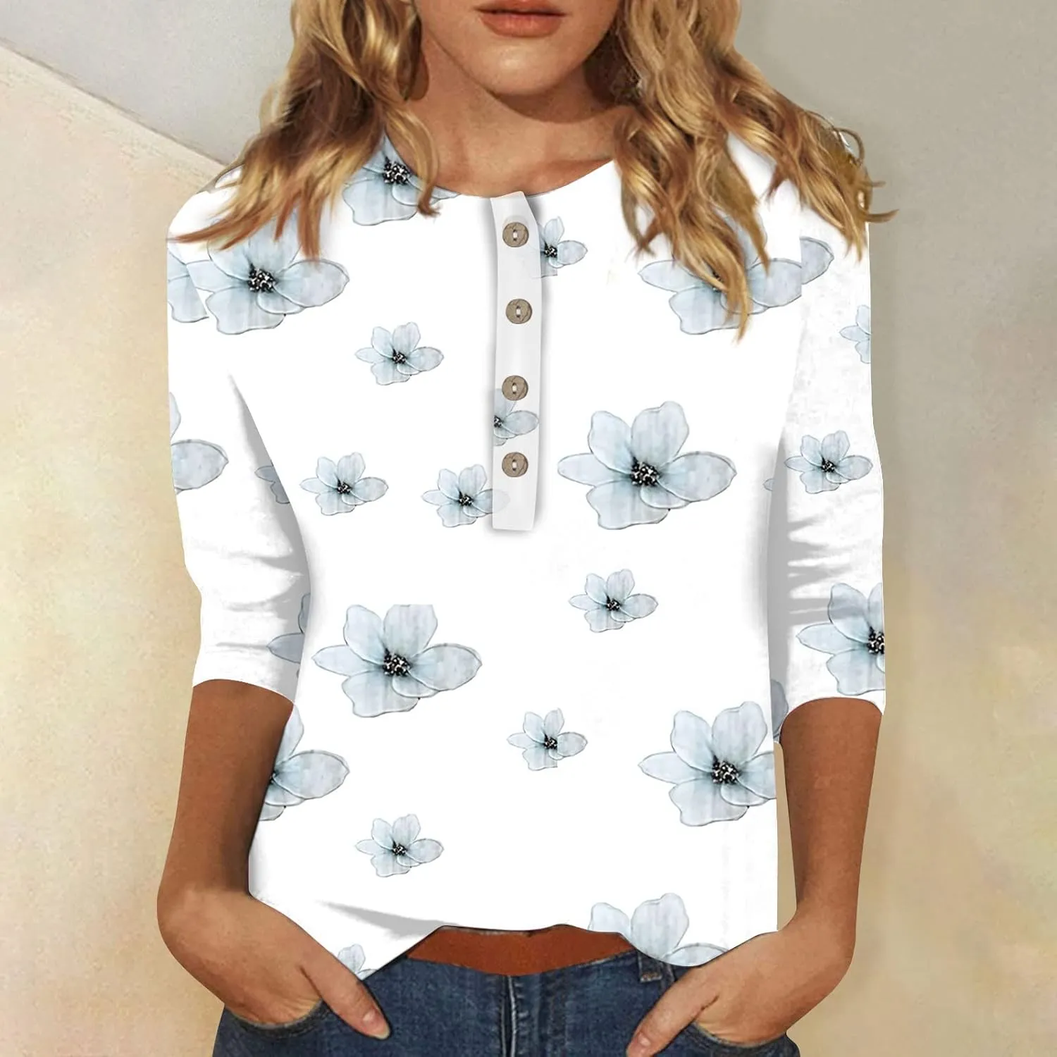 3/4 Sleeve Tops for Women Work Tops Summer Tie Dye Shirt Casual Shirt Button Down Crewneck Tops Trendy Plus Size
