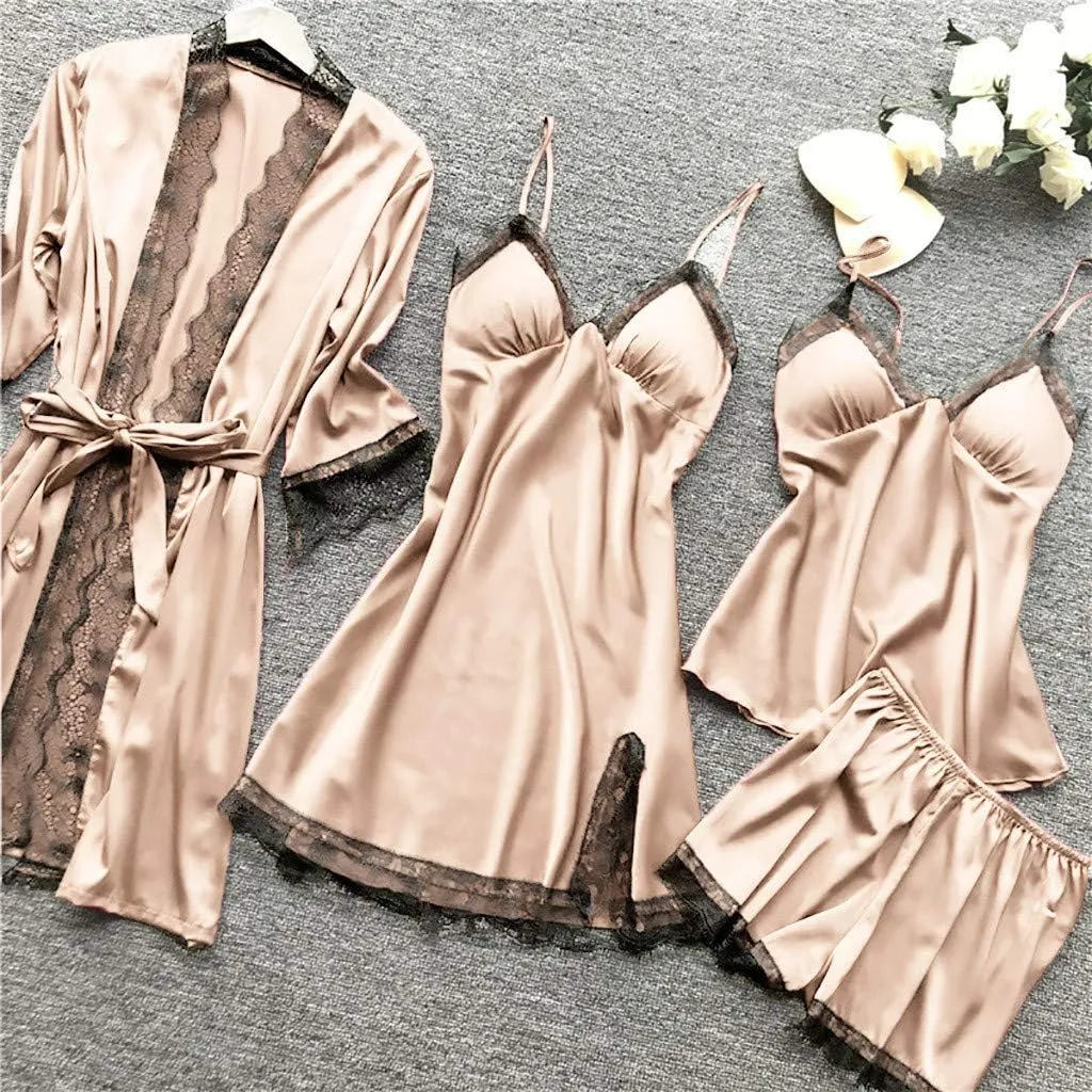 4Pcs Silk Satin Pajama Set for Women Sexy Lace Trim Cami Top Lingerie Dress and Shorts with Robe Soft Comfy Sleepwear