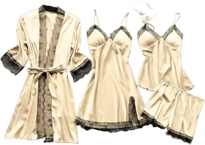 4Pcs Silk Satin Pajama Set for Women Sexy Lace Trim Cami Top Lingerie Dress and Shorts with Robe Soft Comfy Sleepwear