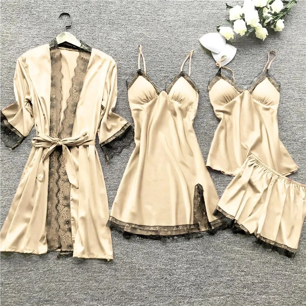 4Pcs Silk Satin Pajama Set for Women Sexy Lace Trim Cami Top Lingerie Dress and Shorts with Robe Soft Comfy Sleepwear