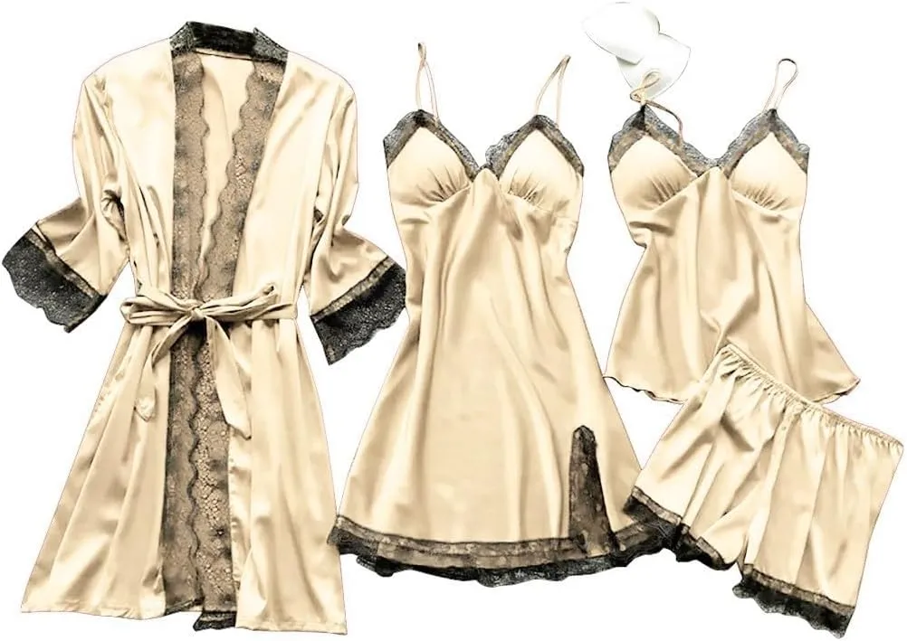 4Pcs Silk Satin Pajama Set for Women Sexy Lace Trim Cami Top Lingerie Dress and Shorts with Robe Soft Comfy Sleepwear