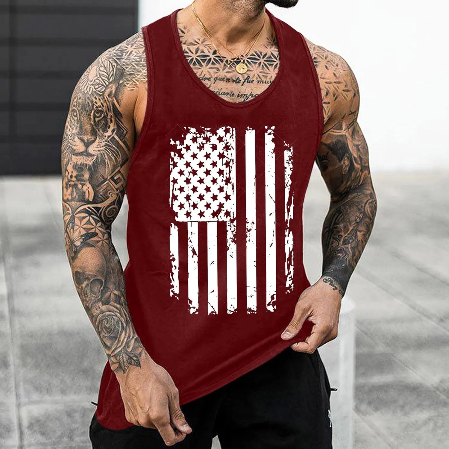 4th of July T-Shirts for Men Independence Day USA Patriotic Sleeveless Tank Tops Retro Star & Striped Graphic Tee Tops