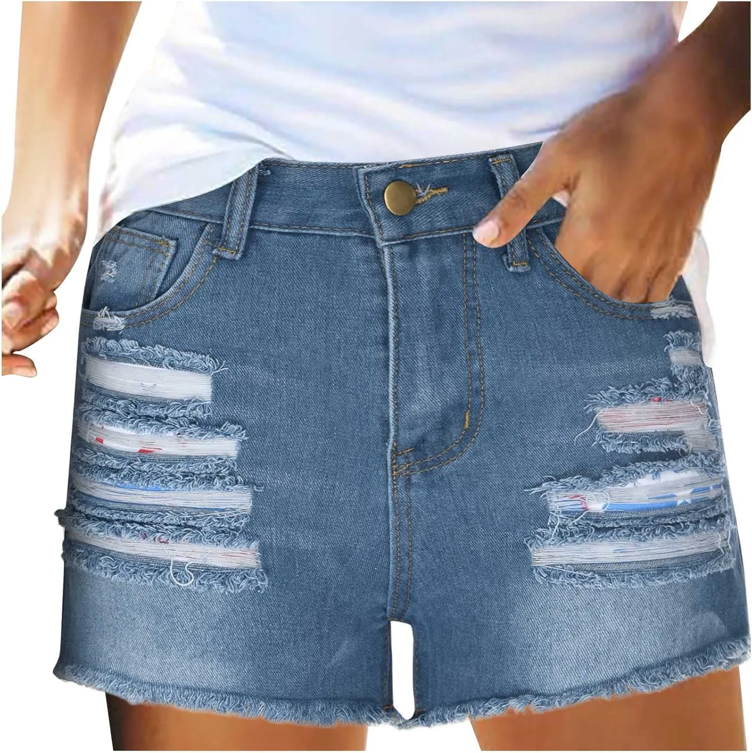 4th of July Women Star Stripe Patriotic Ripped Denim Shorts Summer Frayed Rolled Hem Stretch Button Fly Jean Shorts