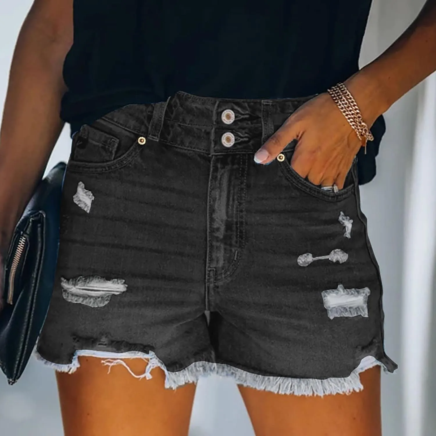 4th of July Women Star Stripe Patriotic Ripped Denim Shorts Summer Frayed Rolled Hem Stretch Button Fly Jean Shorts