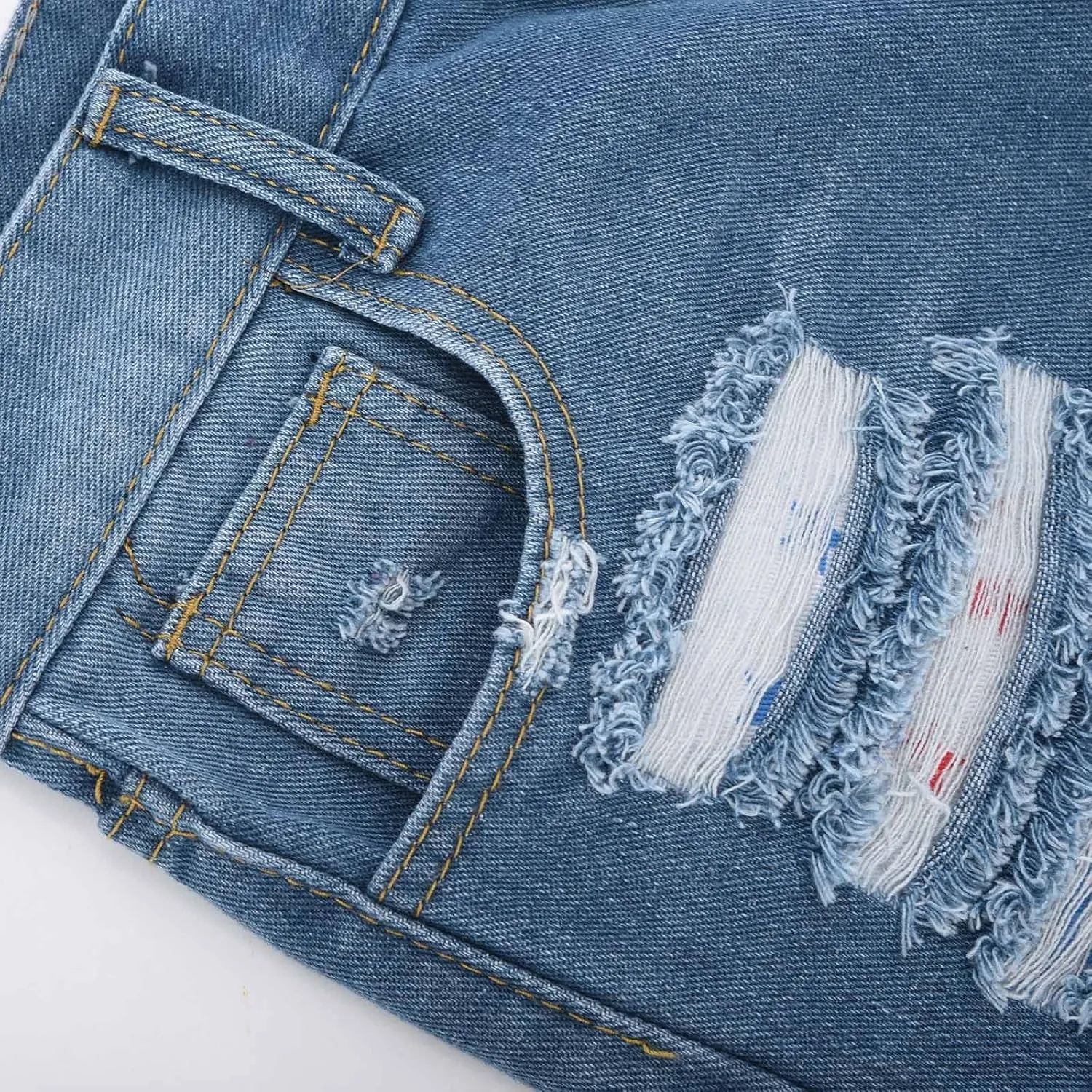 4th of July Women Star Stripe Patriotic Ripped Denim Shorts Summer Frayed Rolled Hem Stretch Button Fly Jean Shorts