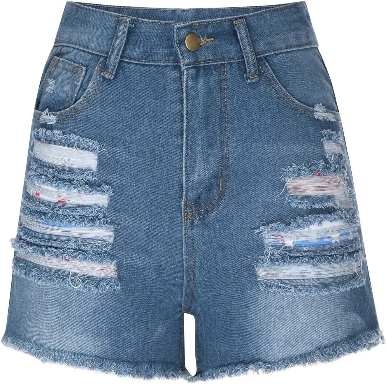 4th of July Women Star Stripe Patriotic Ripped Denim Shorts Summer Frayed Rolled Hem Stretch Button Fly Jean Shorts