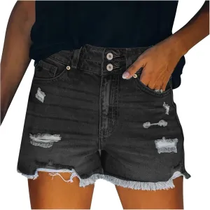 4th of July Women Star Stripe Patriotic Ripped Denim Shorts Summer Frayed Rolled Hem Stretch Button Fly Jean Shorts