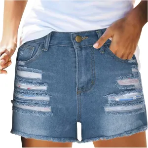 4th of July Women Star Stripe Patriotic Ripped Denim Shorts Summer Frayed Rolled Hem Stretch Button Fly Jean Shorts
