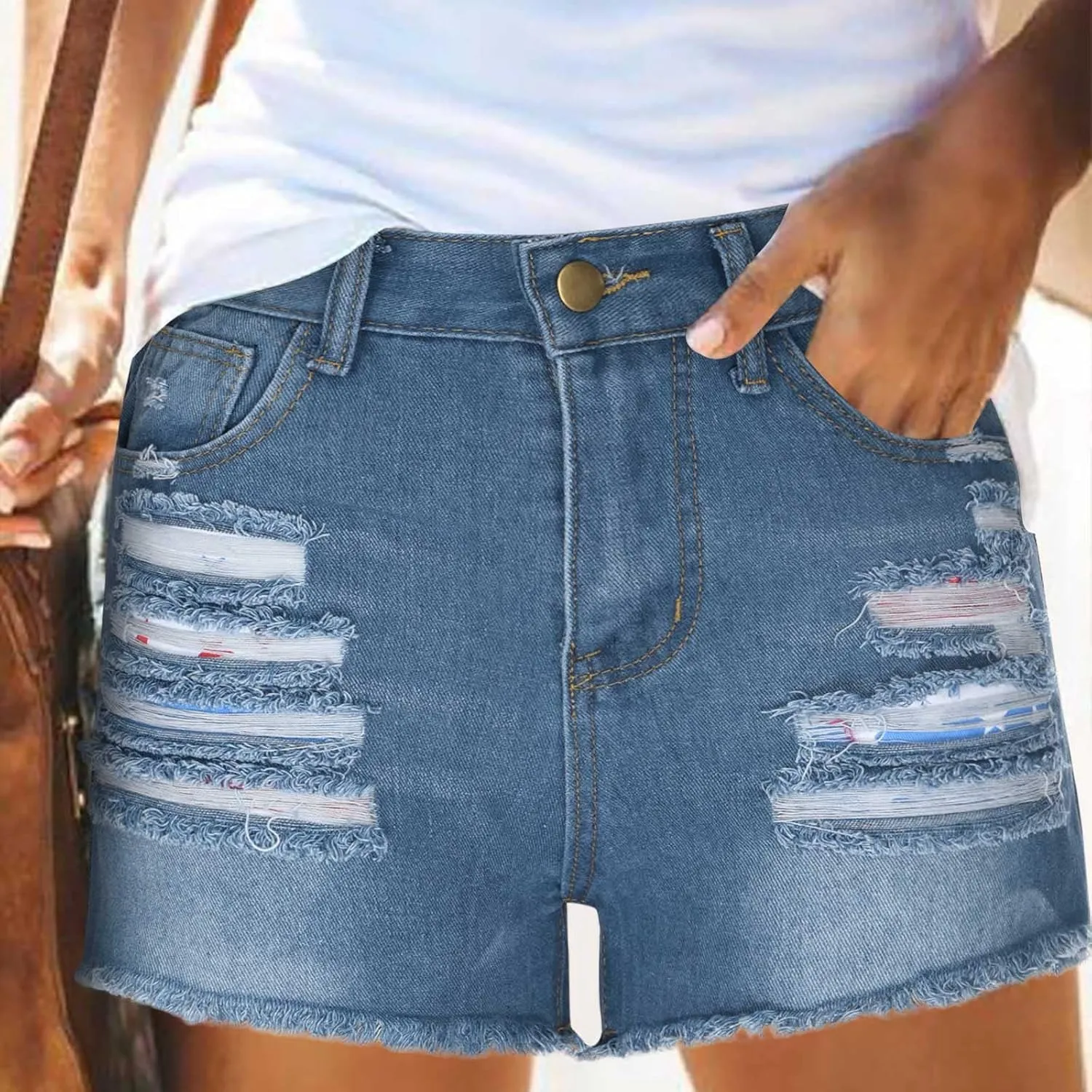 4th of July Women Star Stripe Patriotic Ripped Denim Shorts Summer Frayed Rolled Hem Stretch Button Fly Jean Shorts