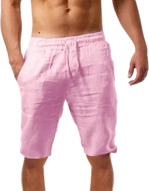 aihihe Men's Linen Bermuda Shorts Elastic Waist Drawstring Casual Summer Shorts Lighweight Loose Fit Beach Short Pants