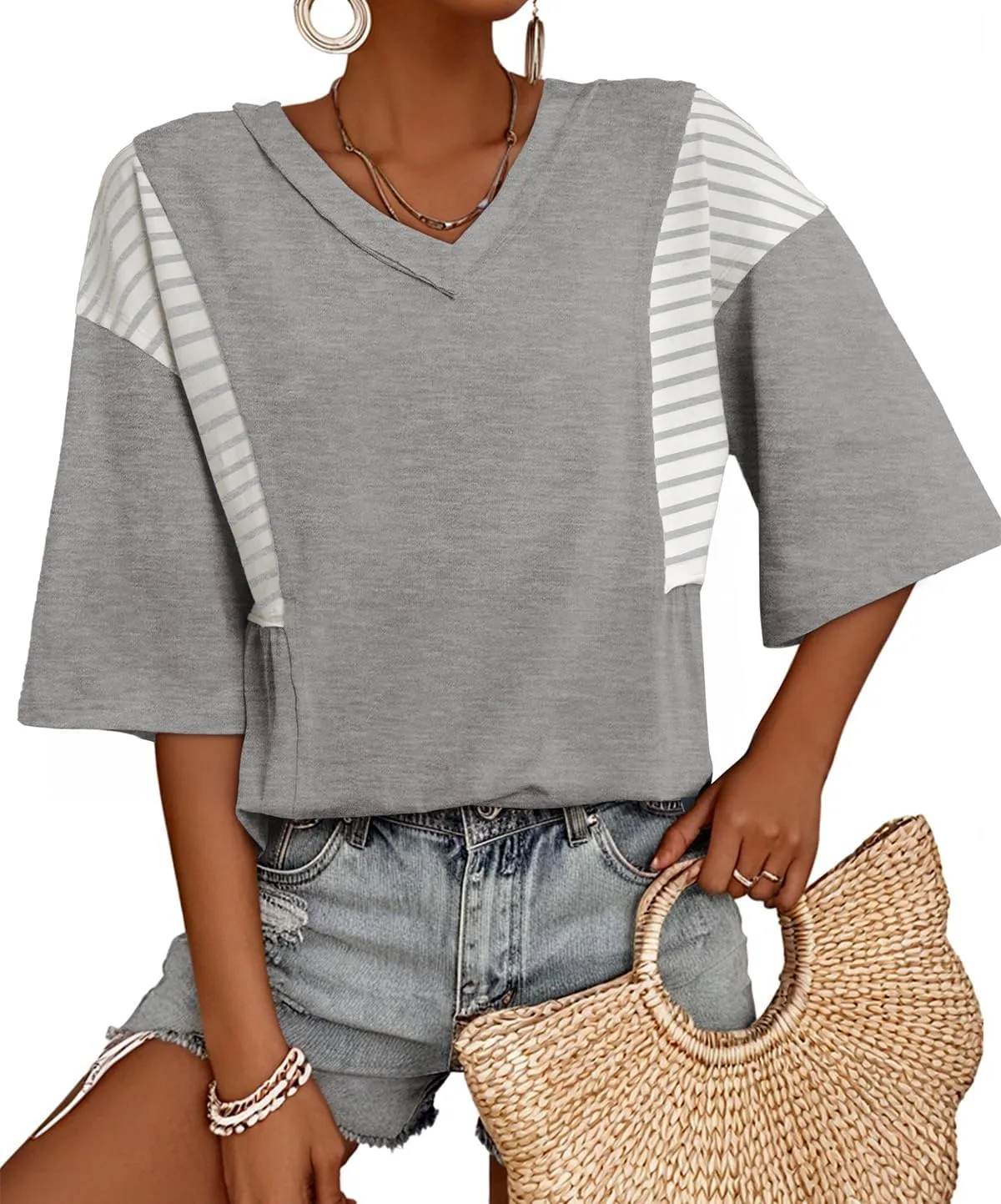 AlvaQ Women Shirt Casual Short Sleeve Summer Tops Striped V Neck Basic Tees Trendy 2025 Outfit