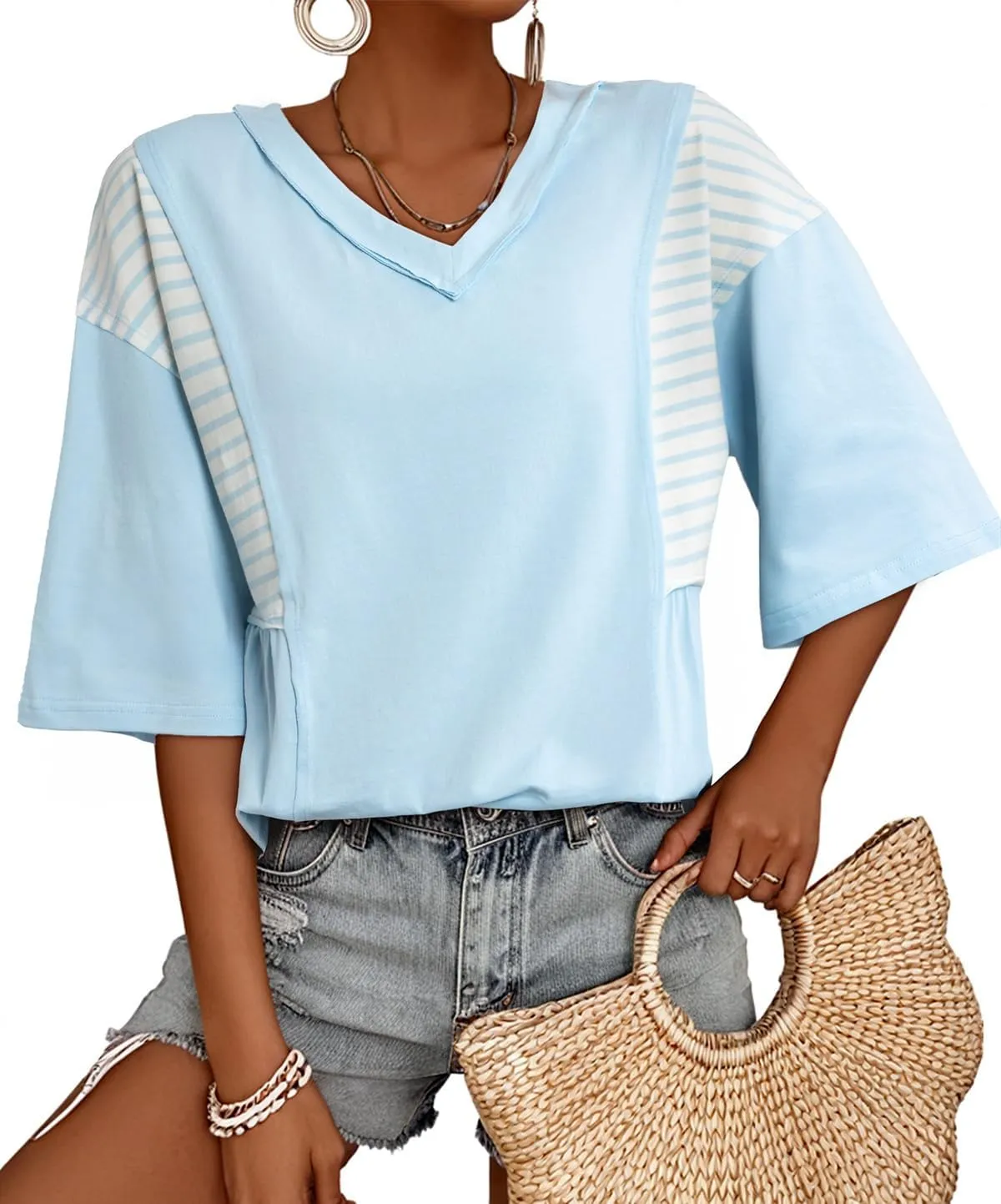 AlvaQ Women Shirt Casual Short Sleeve Summer Tops Striped V Neck Basic Tees Trendy 2025 Outfit