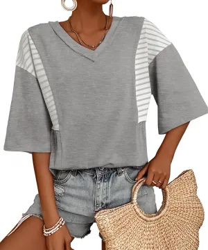 AlvaQ Women Shirt Casual Short Sleeve Summer Tops Striped V Neck Basic Tees Trendy 2025 Outfit