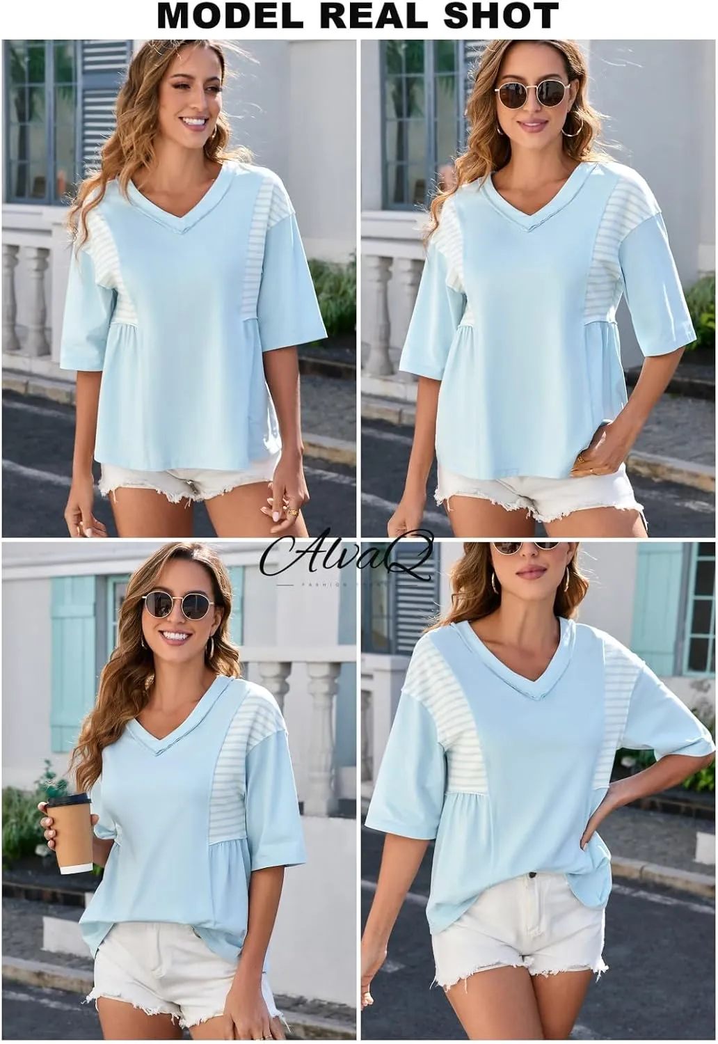 AlvaQ Women Shirt Casual Short Sleeve Summer Tops Striped V Neck Basic Tees Trendy 2025 Outfit