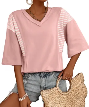 AlvaQ Women Shirt Casual Short Sleeve Summer Tops Striped V Neck Basic Tees Trendy 2025 Outfit