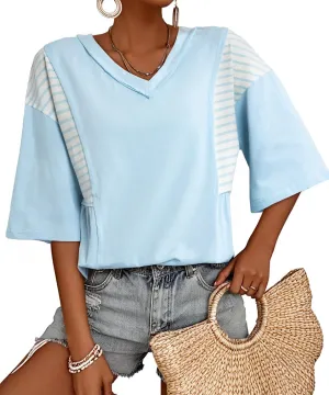 AlvaQ Women Shirt Casual Short Sleeve Summer Tops Striped V Neck Basic Tees Trendy 2025 Outfit
