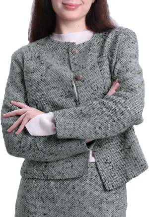 Amazhiyu Womens Wool Button-up Cropped Tweed Jacket Blazer Slim Fit with Pockets