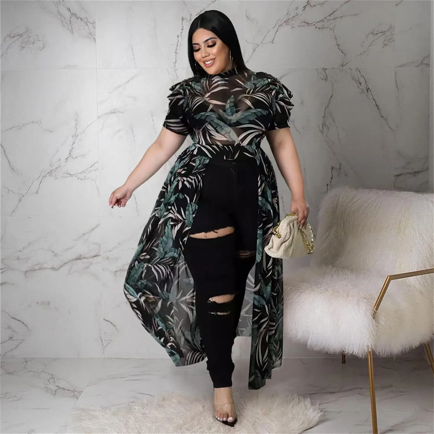 Atyfuniby Women's Plus Size High Low Tops Blouse Puff Short Sleeve Mesh See Through Maxi Tunic Shirt Dresses