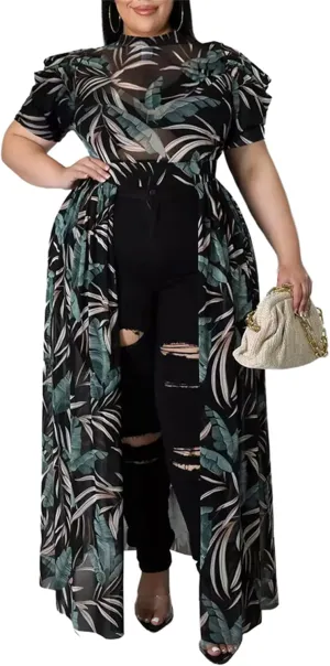 Atyfuniby Women's Plus Size High Low Tops Blouse Puff Short Sleeve Mesh See Through Maxi Tunic Shirt Dresses