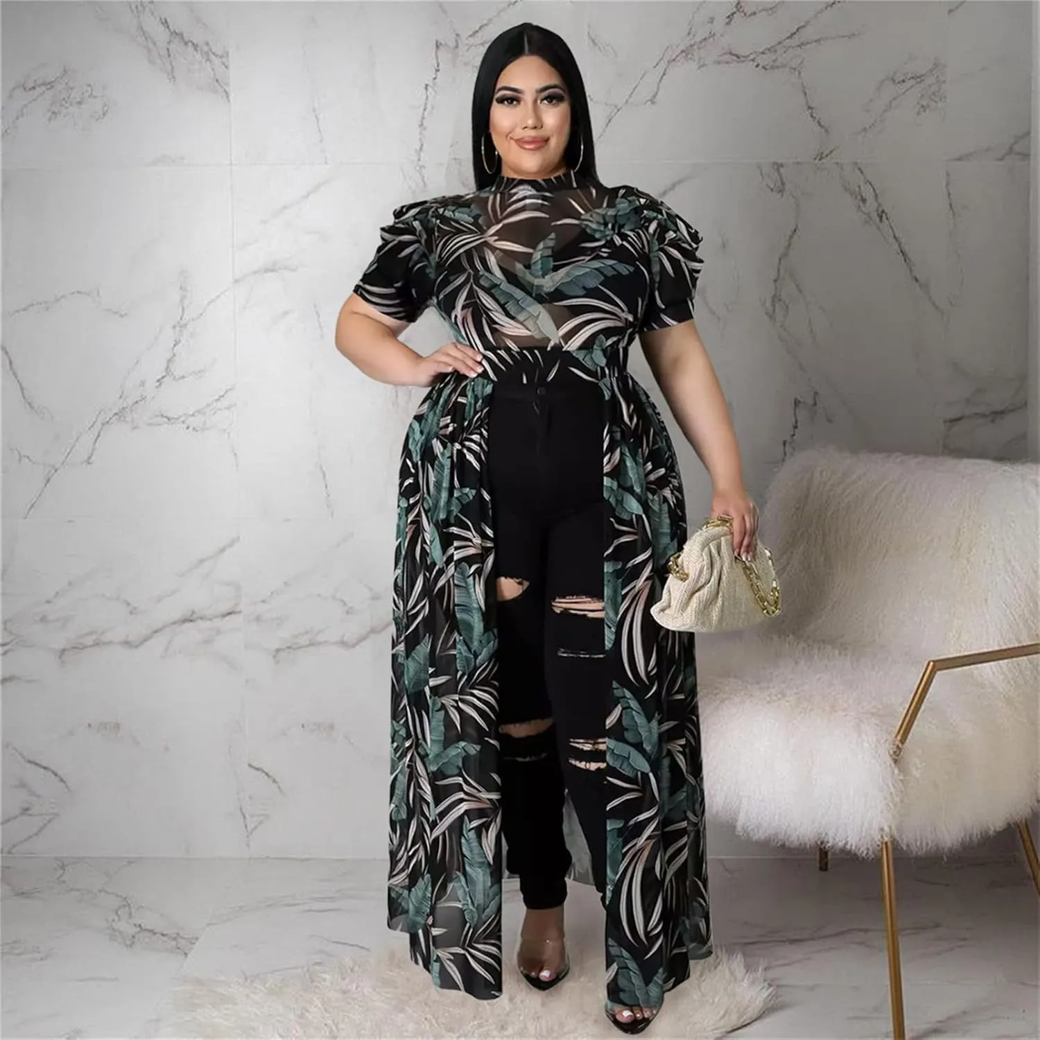 Atyfuniby Women's Plus Size High Low Tops Blouse Puff Short Sleeve Mesh See Through Maxi Tunic Shirt Dresses
