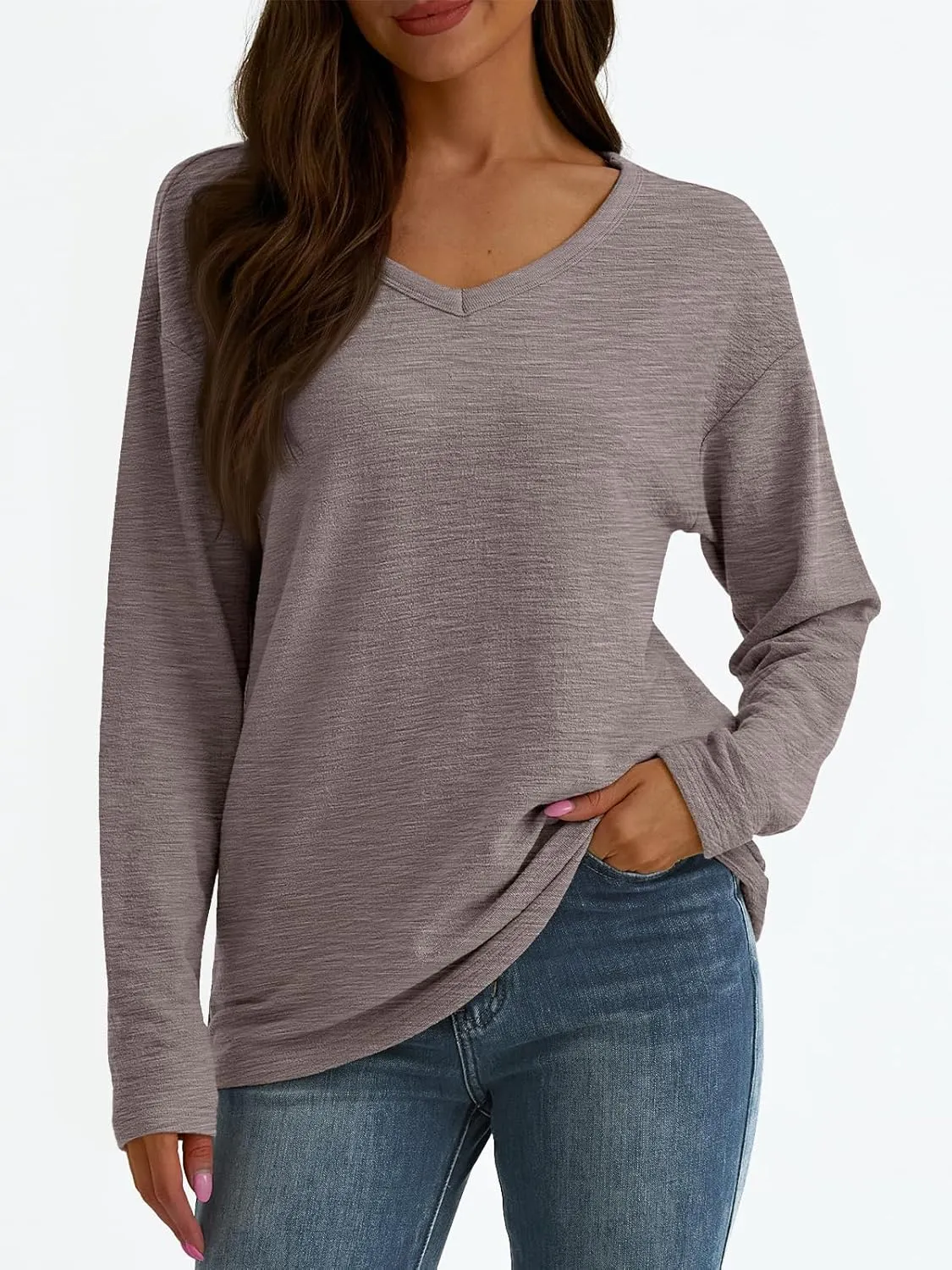 AUTOMET Women's Long Sleeve Oversized Tshirts V Neck 2025 Cotton Tops Lightweight Pullover Casual Basic Tees