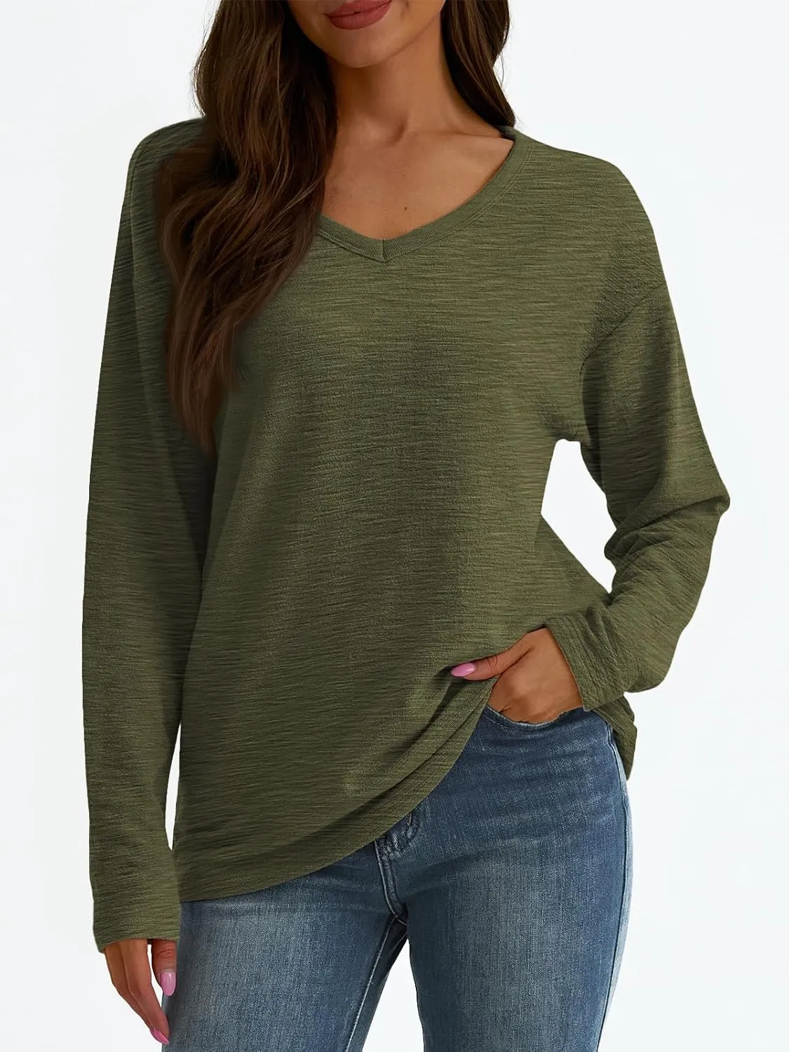 AUTOMET Women's Long Sleeve Oversized Tshirts V Neck 2025 Cotton Tops Lightweight Pullover Casual Basic Tees
