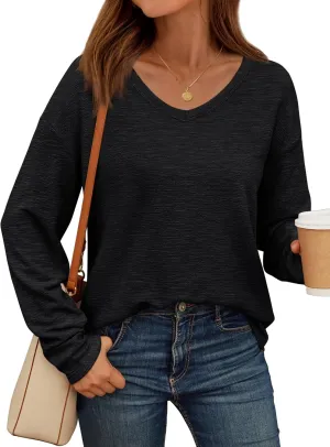 AUTOMET Women's Long Sleeve Oversized Tshirts V Neck 2025 Cotton Tops Lightweight Pullover Casual Basic Tees
