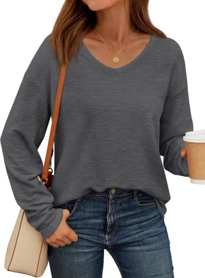 AUTOMET Women's Long Sleeve Oversized Tshirts V Neck 2025 Cotton Tops Lightweight Pullover Casual Basic Tees