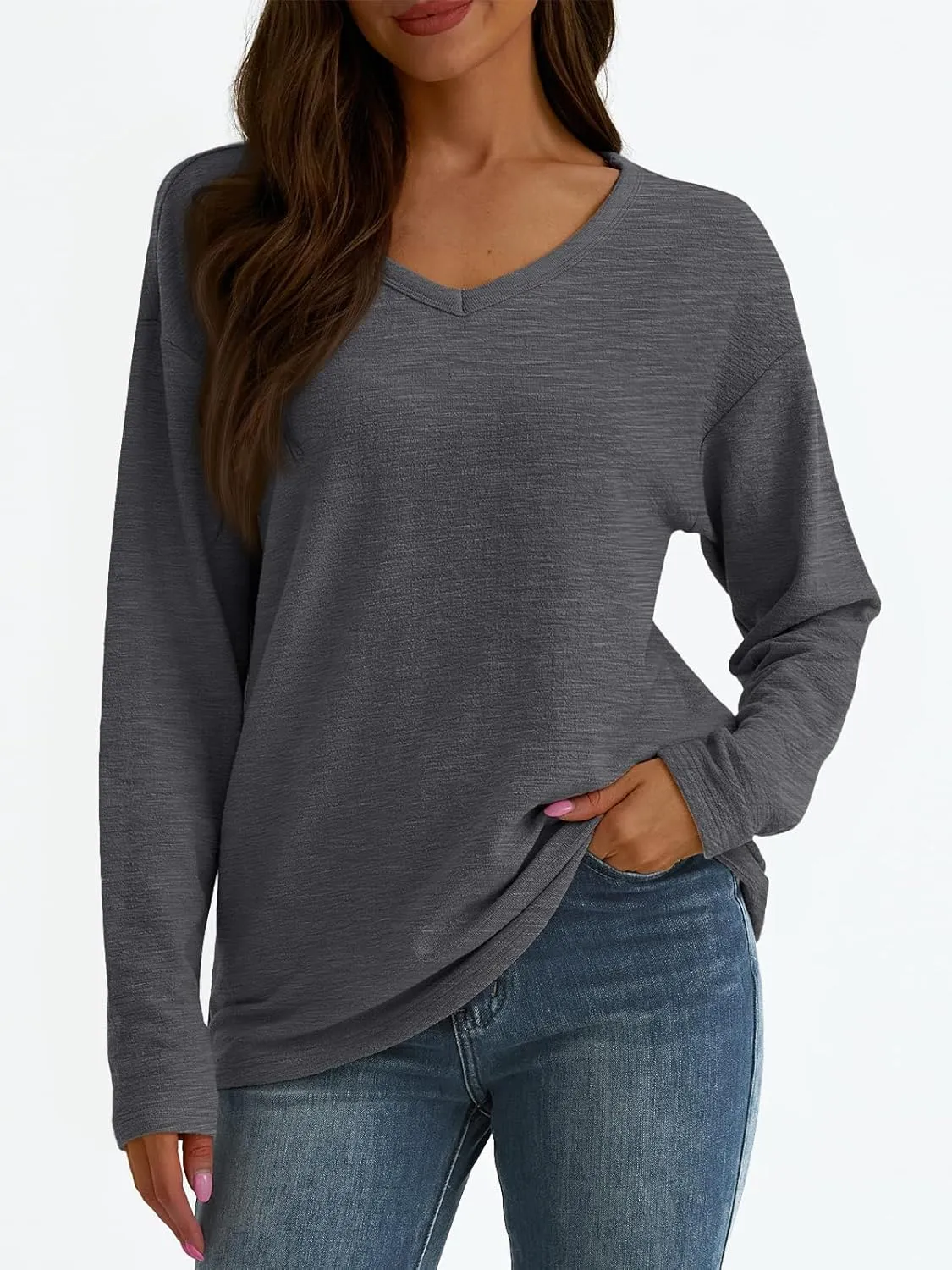 AUTOMET Women's Long Sleeve Oversized Tshirts V Neck 2025 Cotton Tops Lightweight Pullover Casual Basic Tees