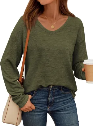AUTOMET Women's Long Sleeve Oversized Tshirts V Neck 2025 Cotton Tops Lightweight Pullover Casual Basic Tees